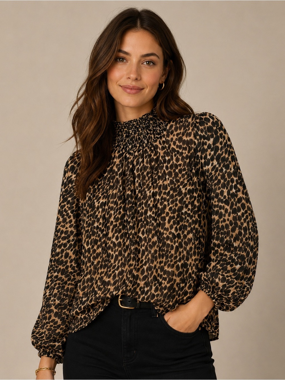 J. Crew Leopard Print Mock Neck Blouse - Black and Tan